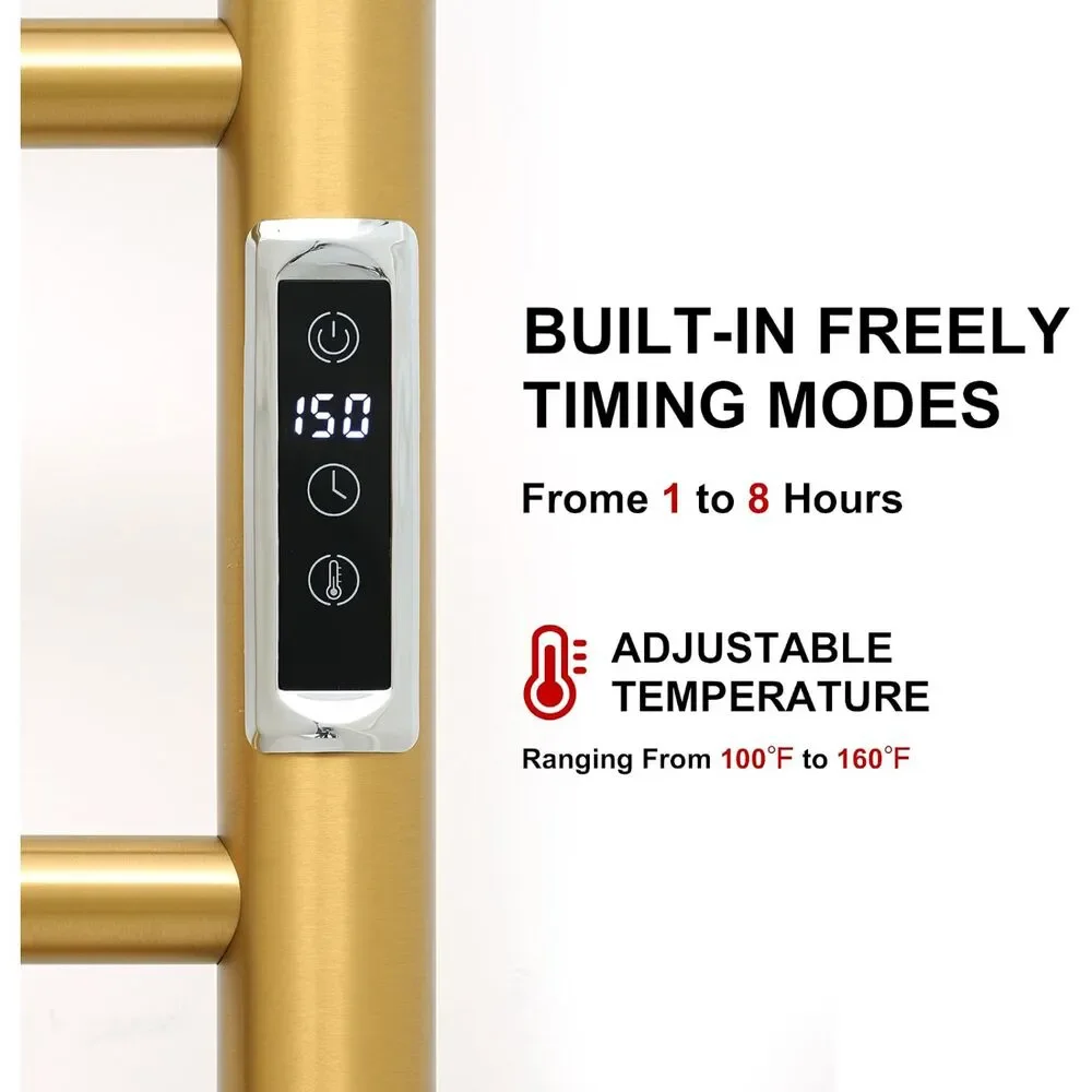 Gold Heated Towel Rack 8 Bar Wall Mounted Electric Warmer Timer Temp Control